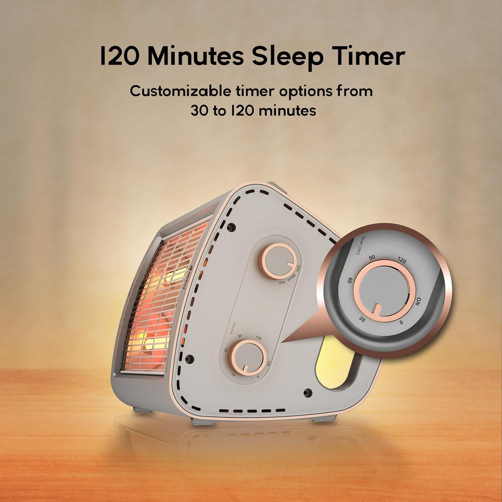 Havells Comodito 900 Watt Room Heater | Safety Grill, 120 Minute Sleep Timer Control knob | Rust Free Stainless Steal Reflector, Carbon Fiber Rods, Power Off & Heat Setting | (Pack of 1, Grey) GHRGHCHE090
