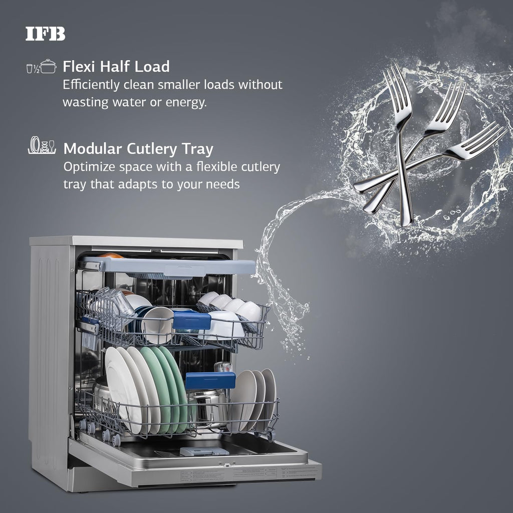 IFB Neptune VX15 15 Place Settings Dishwasher | DeepClean® Technology | 70°C Hot Wash & Steam Dry | Freestanding | Perfect for Indian Utensils – Dark Silver