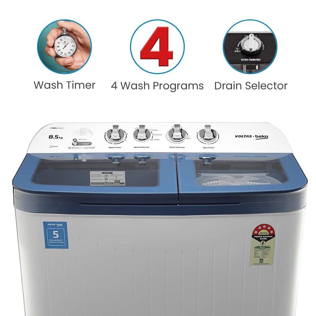 Voltas Beko WTT85DBLG 8.5 Kg Semi Automatic Washing Machine (5 Star, Double Waterfall, Soft Close Glass Lid, IPX4 Panel, Sky Blue)