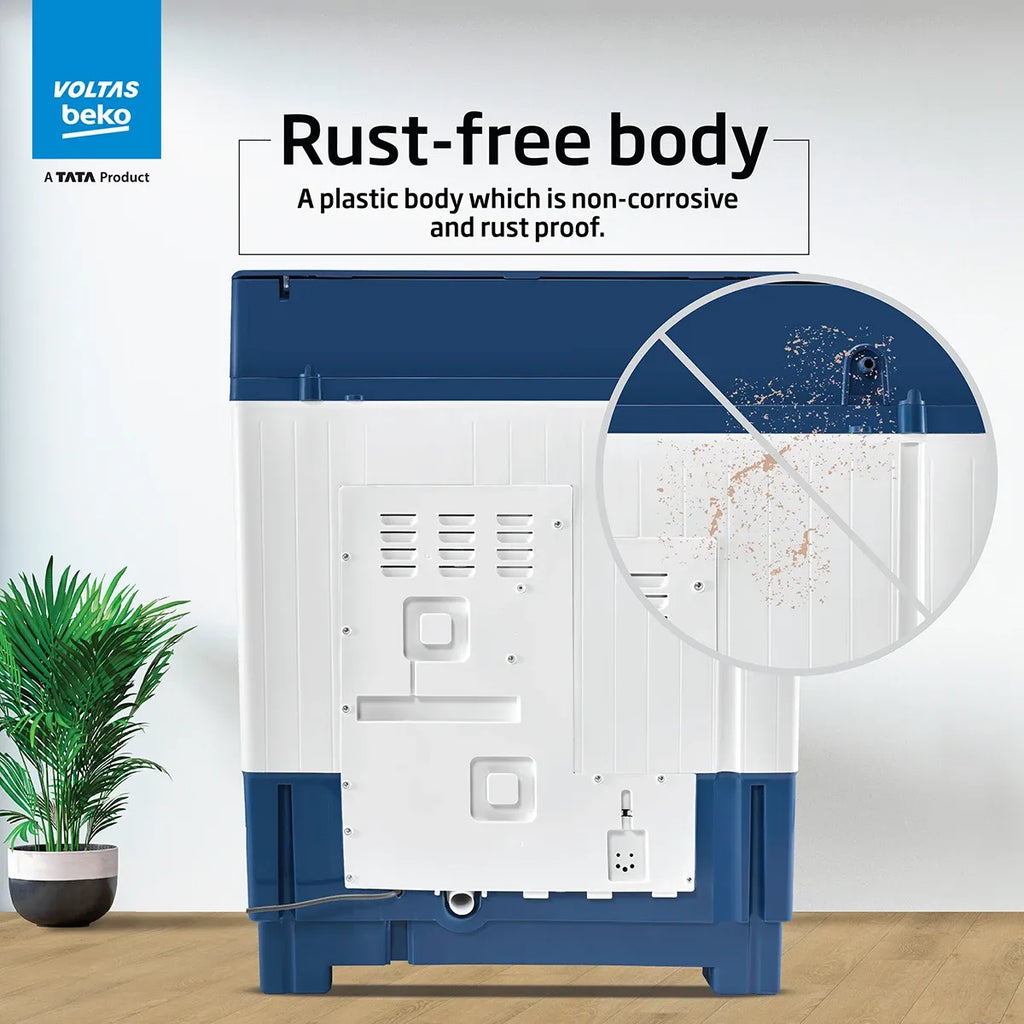 Voltas Beko WTT85DBLG/FLRB5 8.5 Kg Semi-Automatic Top Load Washing Machine – 5 Star, 1350 RPM, Double Waterfall, Magic Filter, Shock Proof