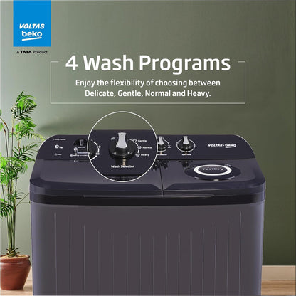 Voltas Beko WTT90UDX/BKGR4KGTD 9 Kg 5 Star Semi-Automatic Top Load Washing Machine | Twin Tub | Special Pulsator | Double Waterfall | Black