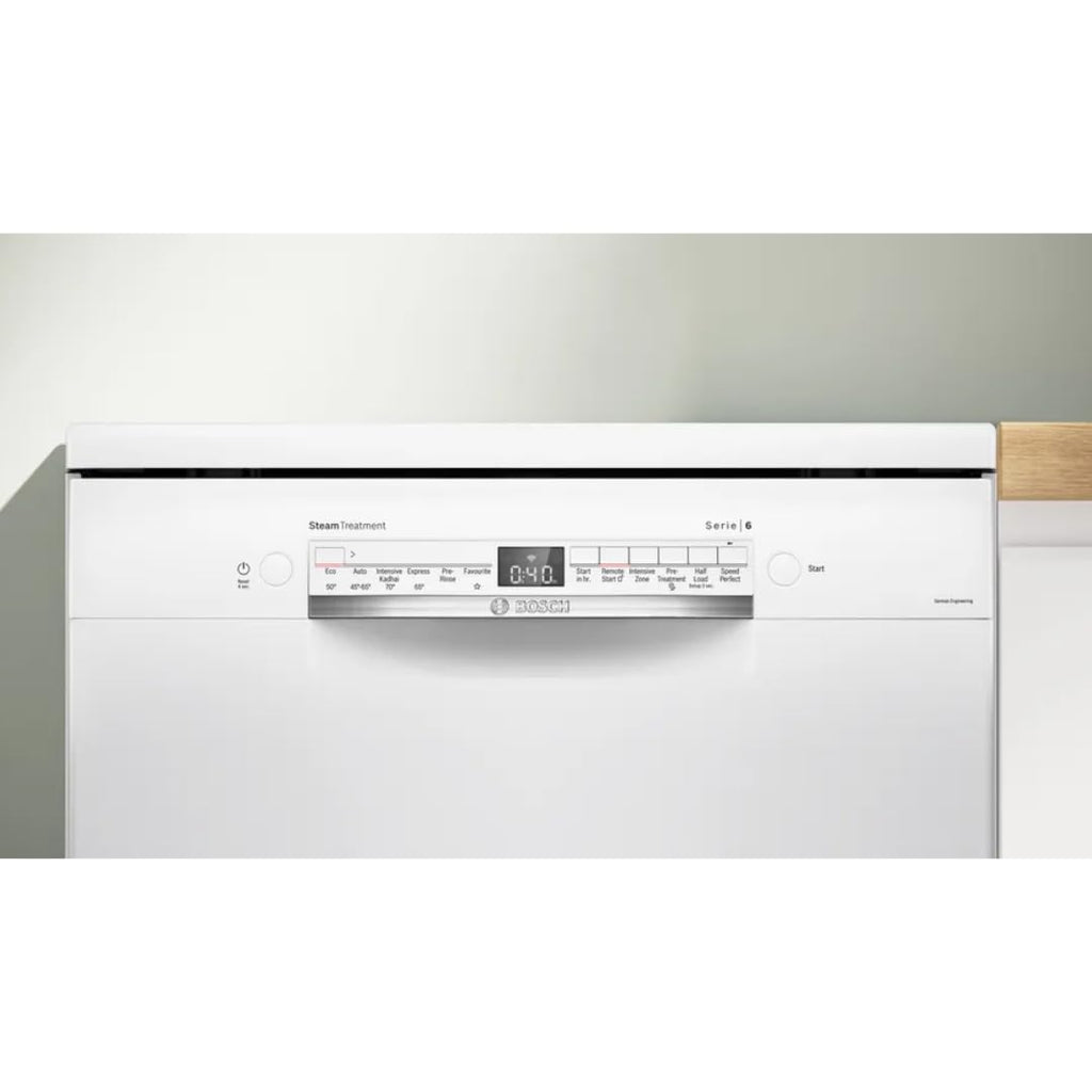 Bosch 14 Place Settings Dishwasher SMS6IKW01I, Free-Standing, 60 cm, White, Home Connect, EcoSilence Drive, Intensive Kadhai Wash, Inverter Motor)
