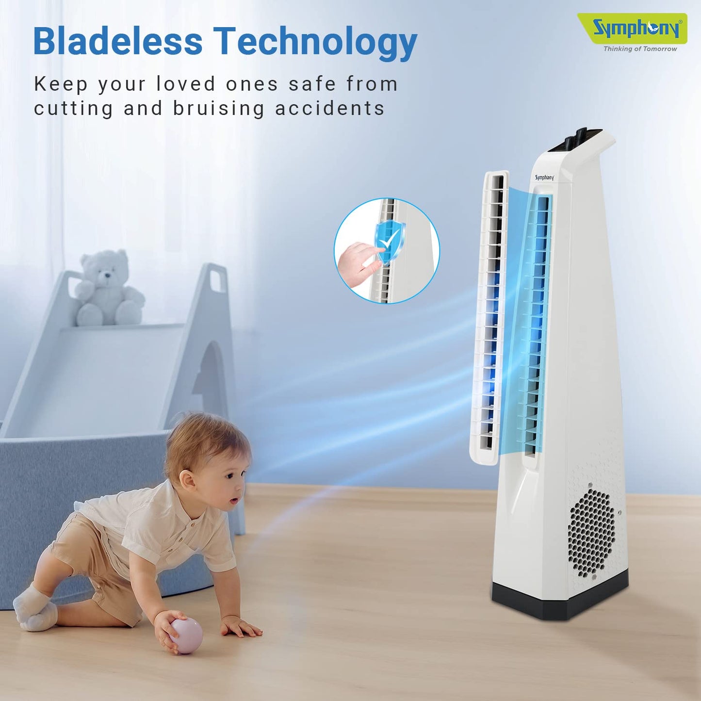 Symphony Surround Bladeless Tower Fan for Room & Office | High-Speed with Swivel Action & Simple Knob Control | Low Power Consumption | 1 Year Warranty | White