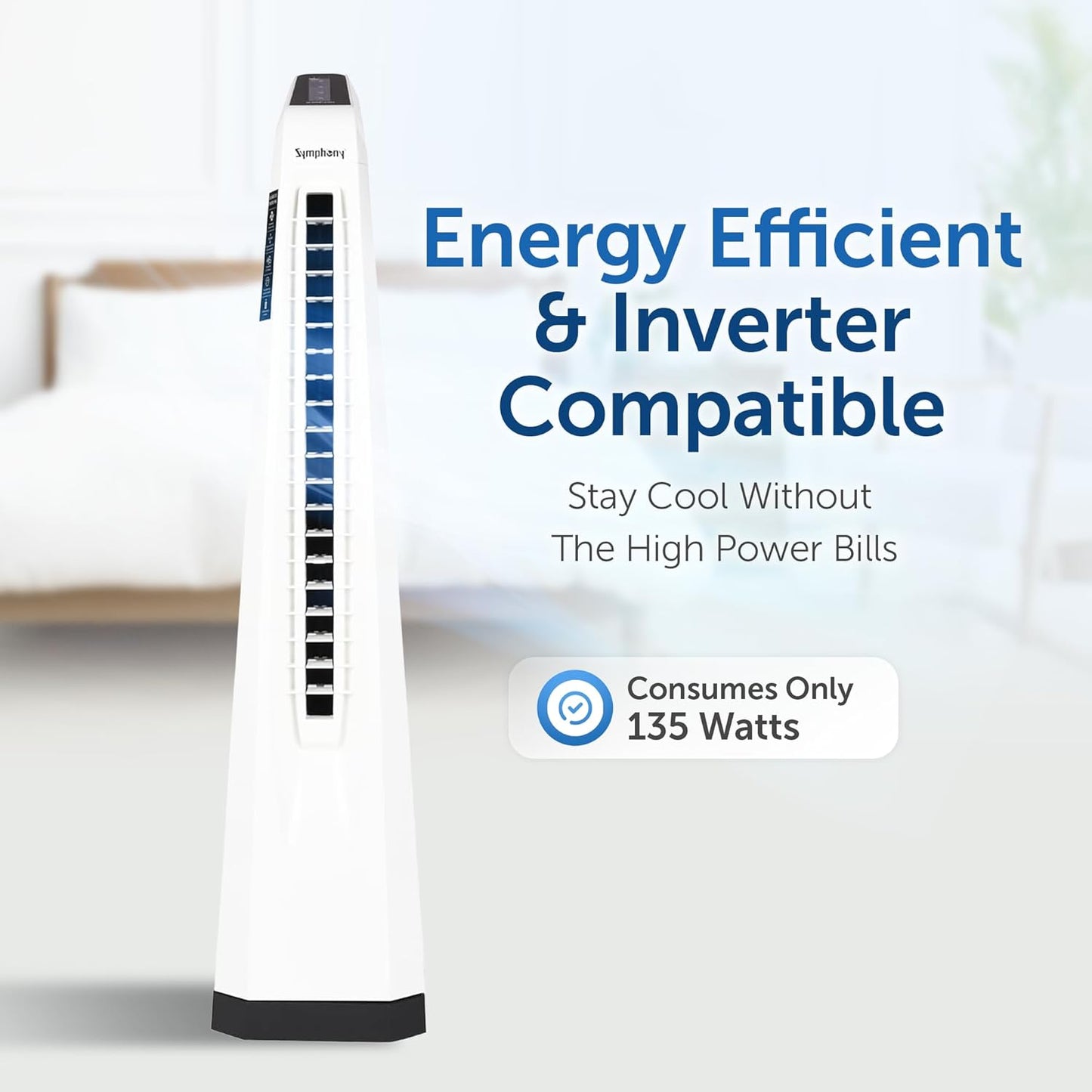 Symphony Surround-i Bladeless Tower Fan for Room | High-Speed with Swivel Action, Touchscreen Control Panel & Remote | 1 Year Warranty | White
