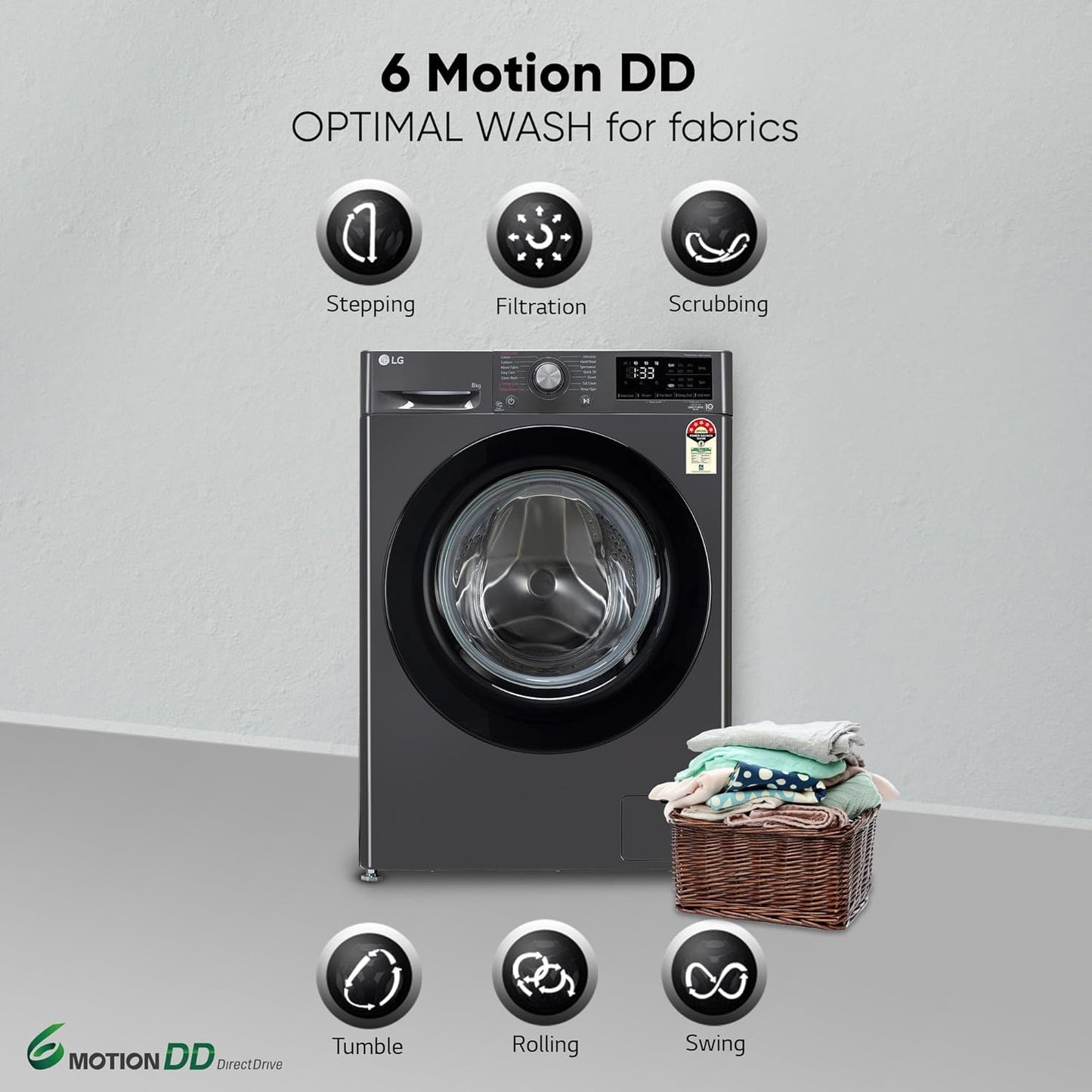 LG FHP1208Z3M 8 Kg 5 Star AI Direct Drive Front Load Washing Machine with Steam &amp; 6 Motion DD | Suraj Electronics Delhi NCR
