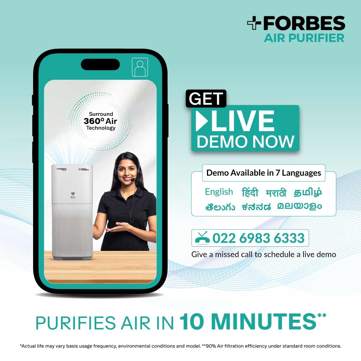 Forbes Air Purifier 270 with True HEPA H13 | 360° Air Intake | 365 Sq Ft