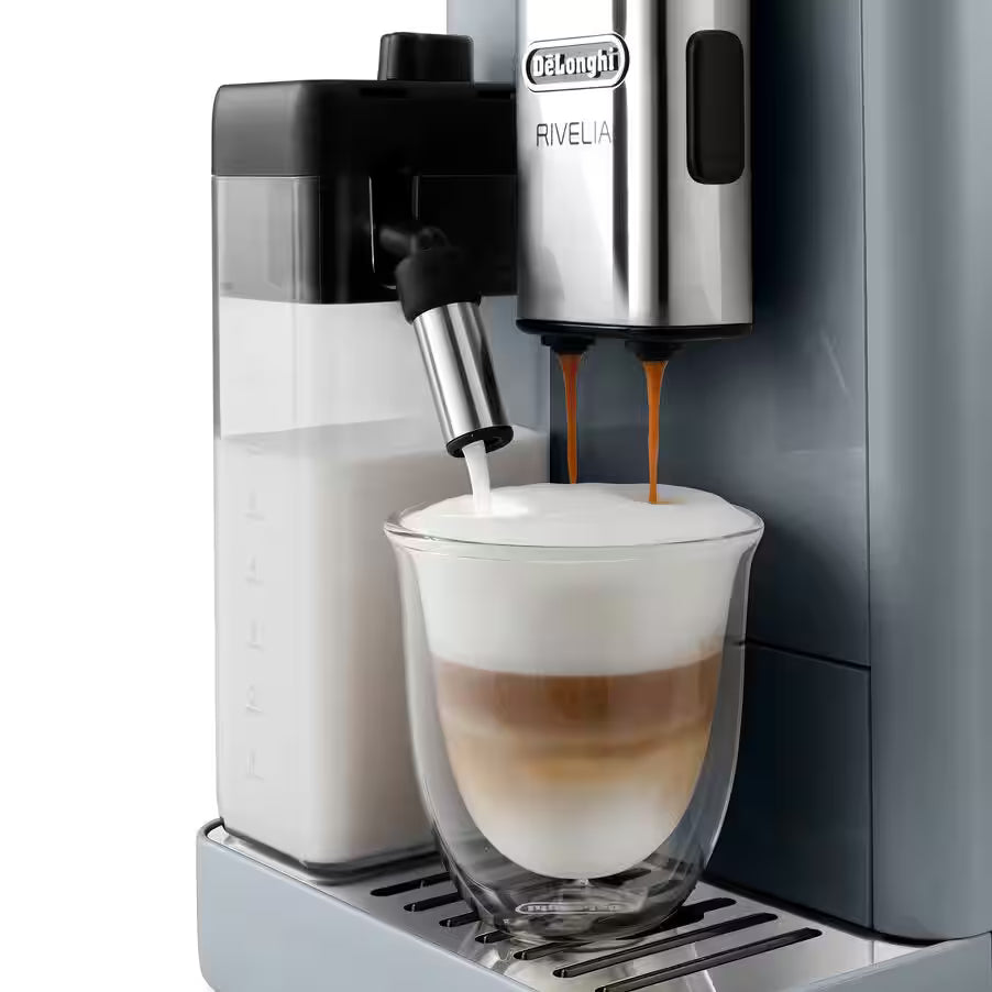 De'Longhi Rivelia EXAM440.55.G Fully Automatic Coffee Machine – LatteCrema Hot, Automatic Milk Frother, Bean-to-Cup, 16 Coffee Recipes, Compact Design, Full Touch Color Display – Grey