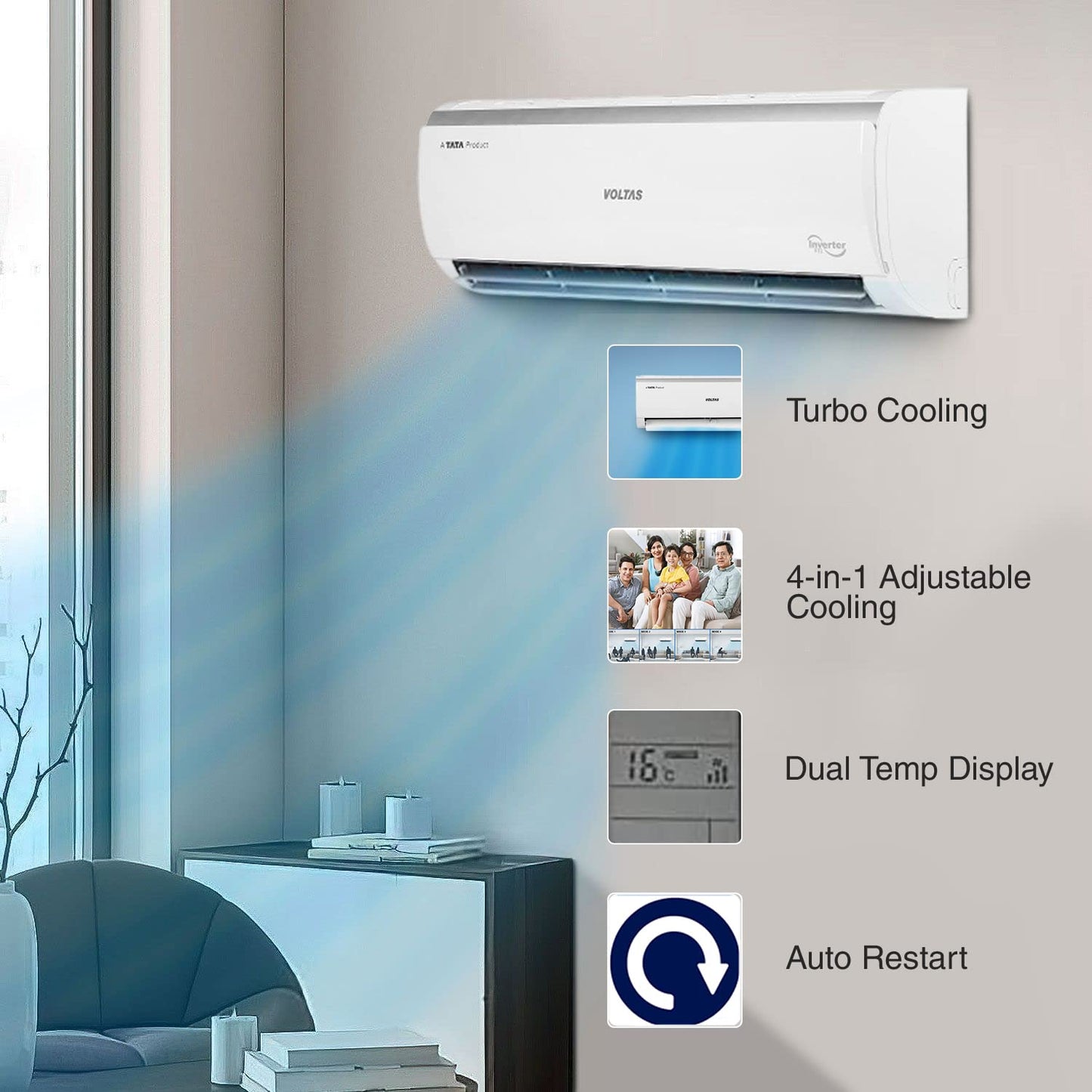 Voltas 125V Vectra Elite 1 Ton 5 Star Inverter Split AC | 4-in-1 Adjustable Cooling | Copper Condenser | Turbo Mode | Anti-Dust Filter | R32 Refrigerant