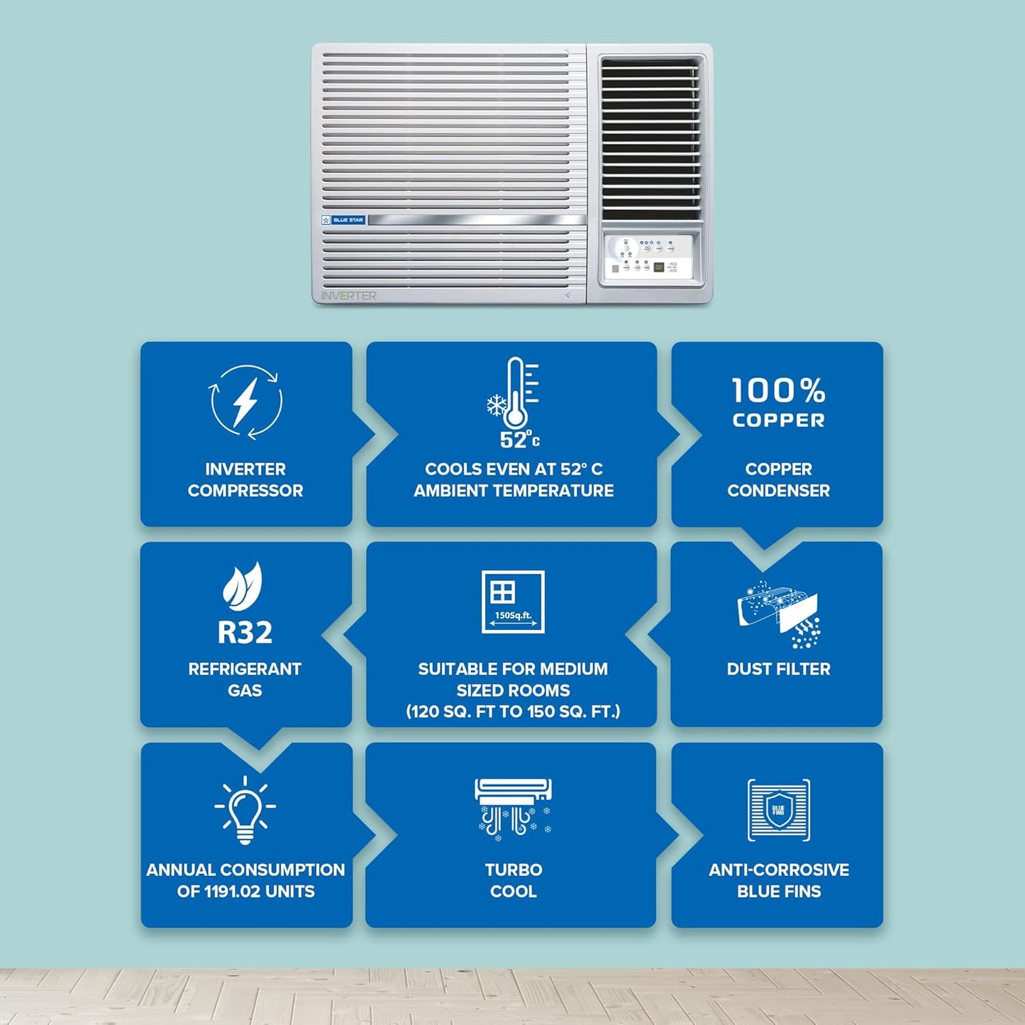 Blue Star WIE318L 1.5 Ton 3 Star Inverter Window AC | Copper Condenser, Turbo Cool, 5-in-1 Convertible, Anti-Bacterial Filter, Self Diagnosis | White | Buy at Suraj Electronics