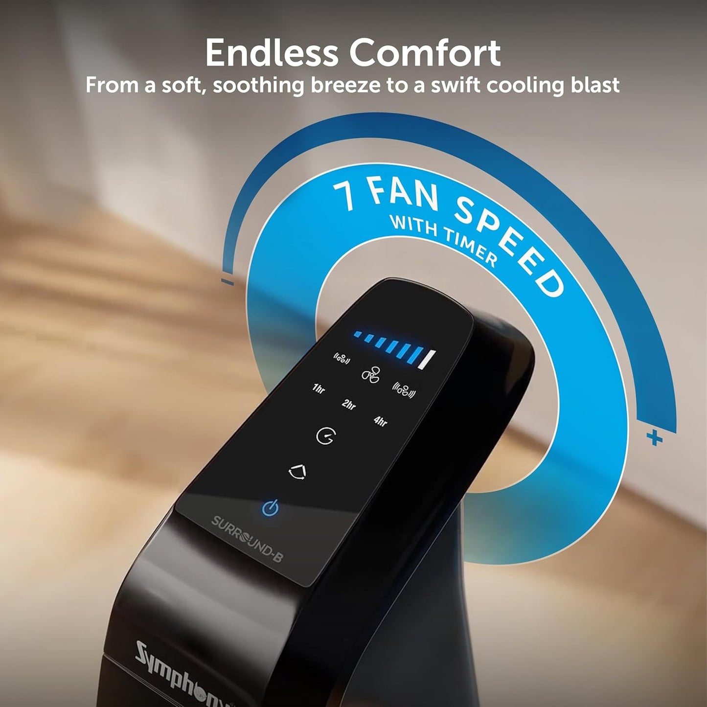 Symphony Surround B BLDC Bladeless Tower Fan For Room | Quiet & Energy-Saving with Remote Control | Touchscreen Control Panel | Low Power Consumption | 1 Year Warranty | Black
