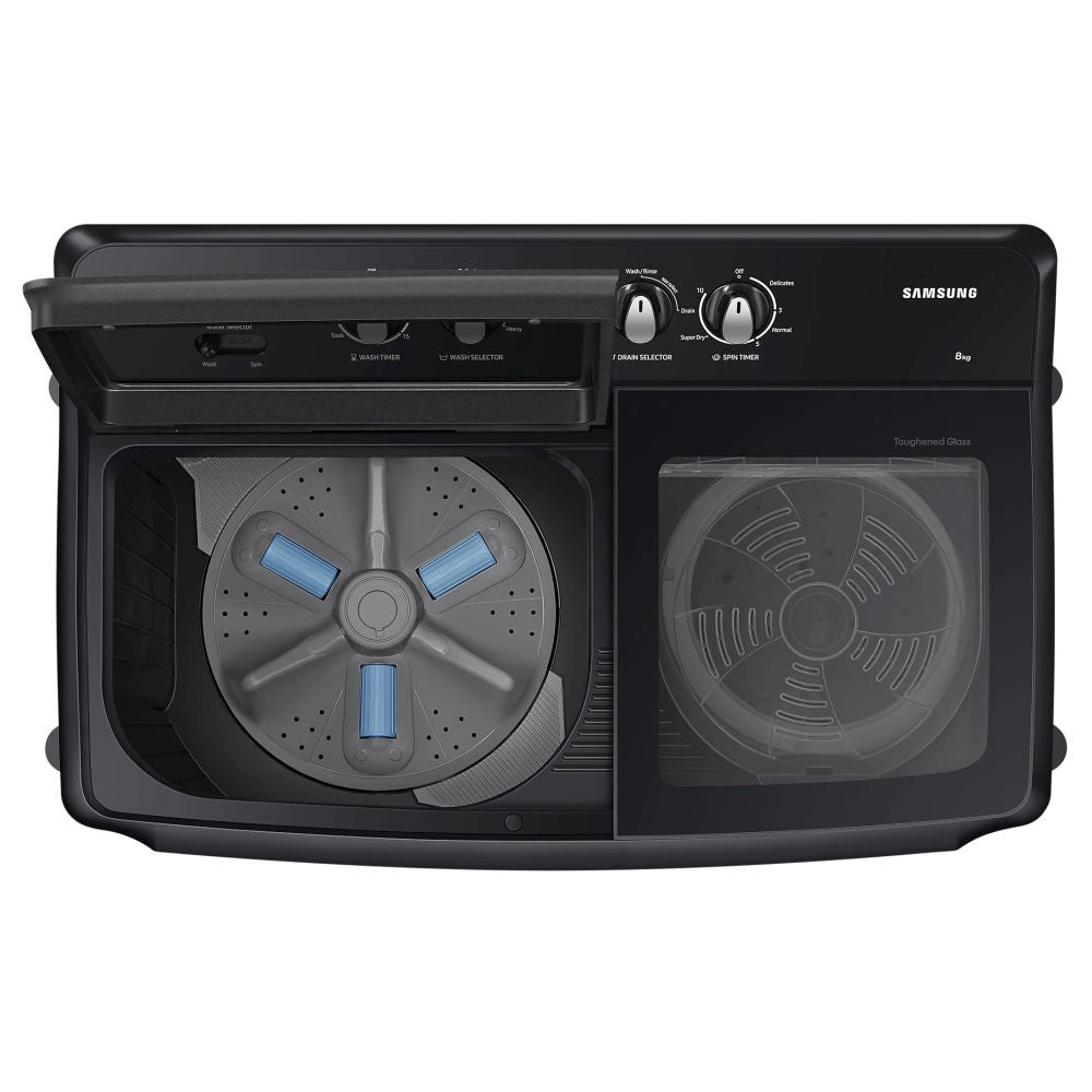 Samsung WT90B3560RB 9 Kg Semi Automatic Top Load Washing Machine | 5 Star Energy Rating | Hexa Storm Pulsator | Rust-Proof Body | Magic Filter & Glass Lid – Dark Gray