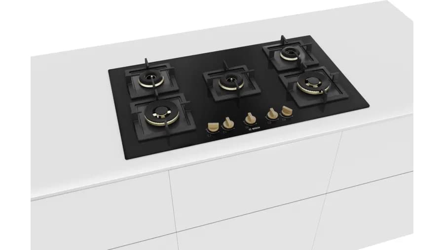 Bosch PNV9B6F20I 90cm Built-in Gas Hob | 5 Brass Burners | Auto Ignition | Tempered Glass | Flame Failure Safety | Cast Iron Support