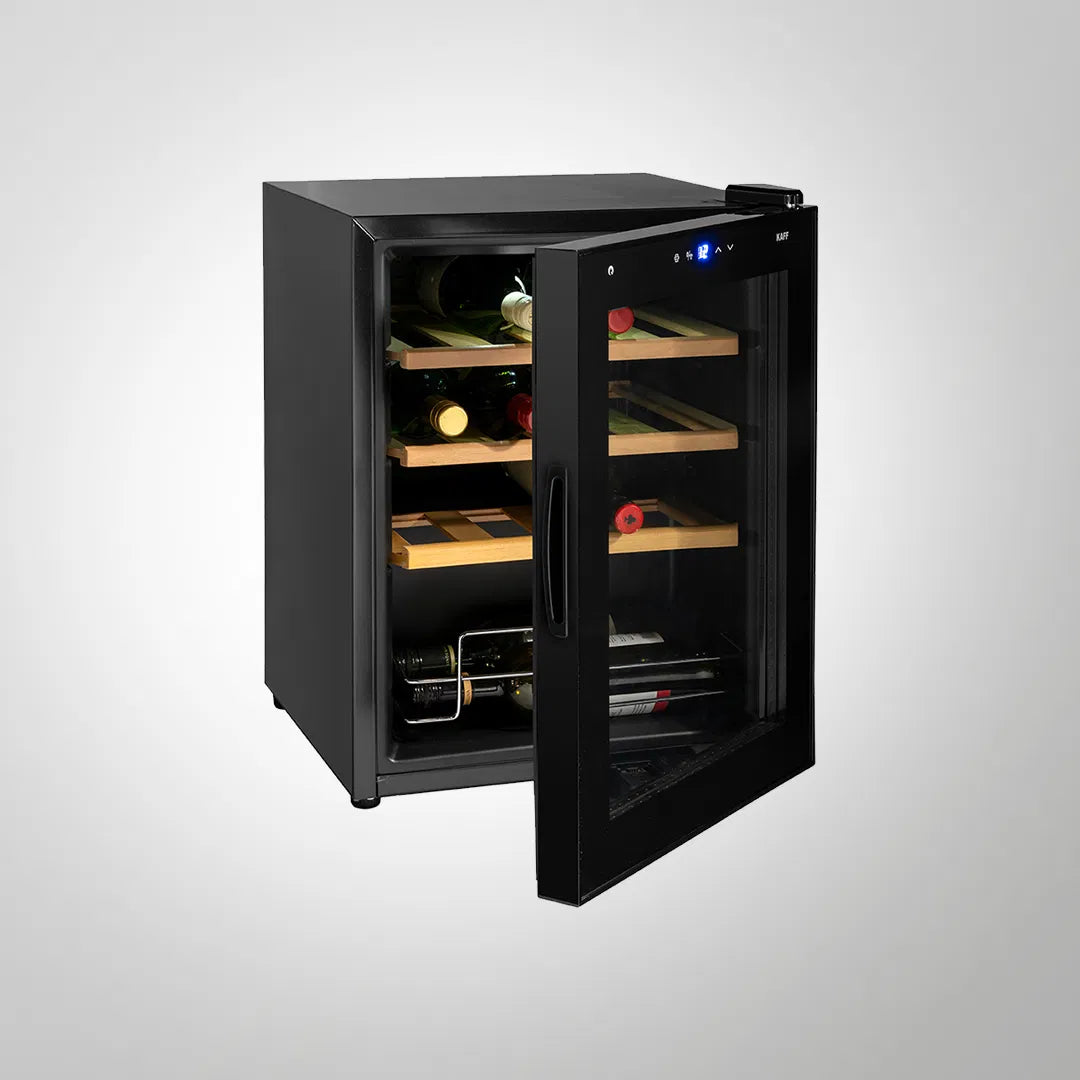 Kaff WC 48 TH BW 16-Bottle Free Standing Wine Chiller with Thermoelectric Cooling & Touch LED Display – Black Glass Door