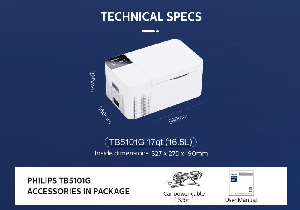 Philips TB5101 16.5L Car Fridge & Freezer (Compressor Cooling, -22°C, Touch Panel, 12/24V DC, 5 Star Rated, Portable for Car, Truck, RV & Home)