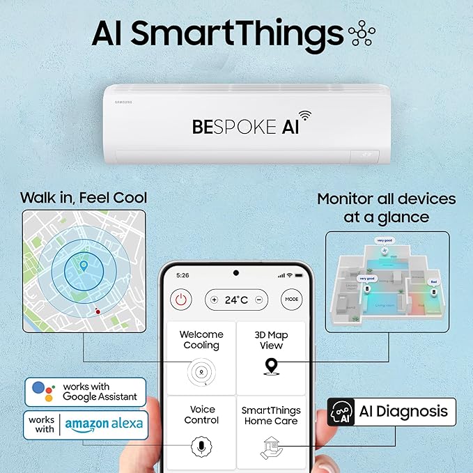 Samsung AR50F24D1XH 2 Ton 3 Star Inverter Smart Split AC | BESPOKE AI, Wi-Fi, 5-Step Convertible, 4-Way Swing, R32 Refrigerant | 2025 Model – Made in India