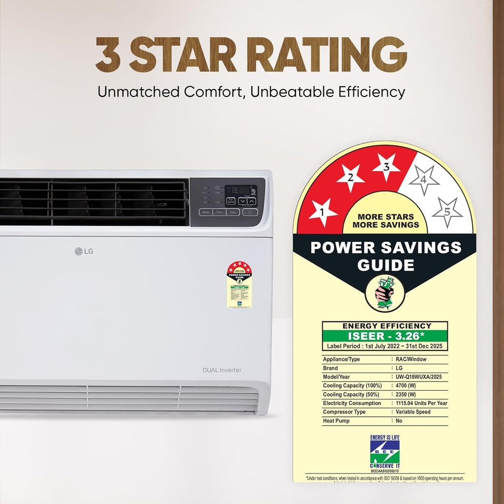 LG 1.5 Ton 3 Star DUAL Inverter Window AC (UW-Q18WUXA) - 4-in-1 Convertible Cooling, Copper, 4 Way Air Swing