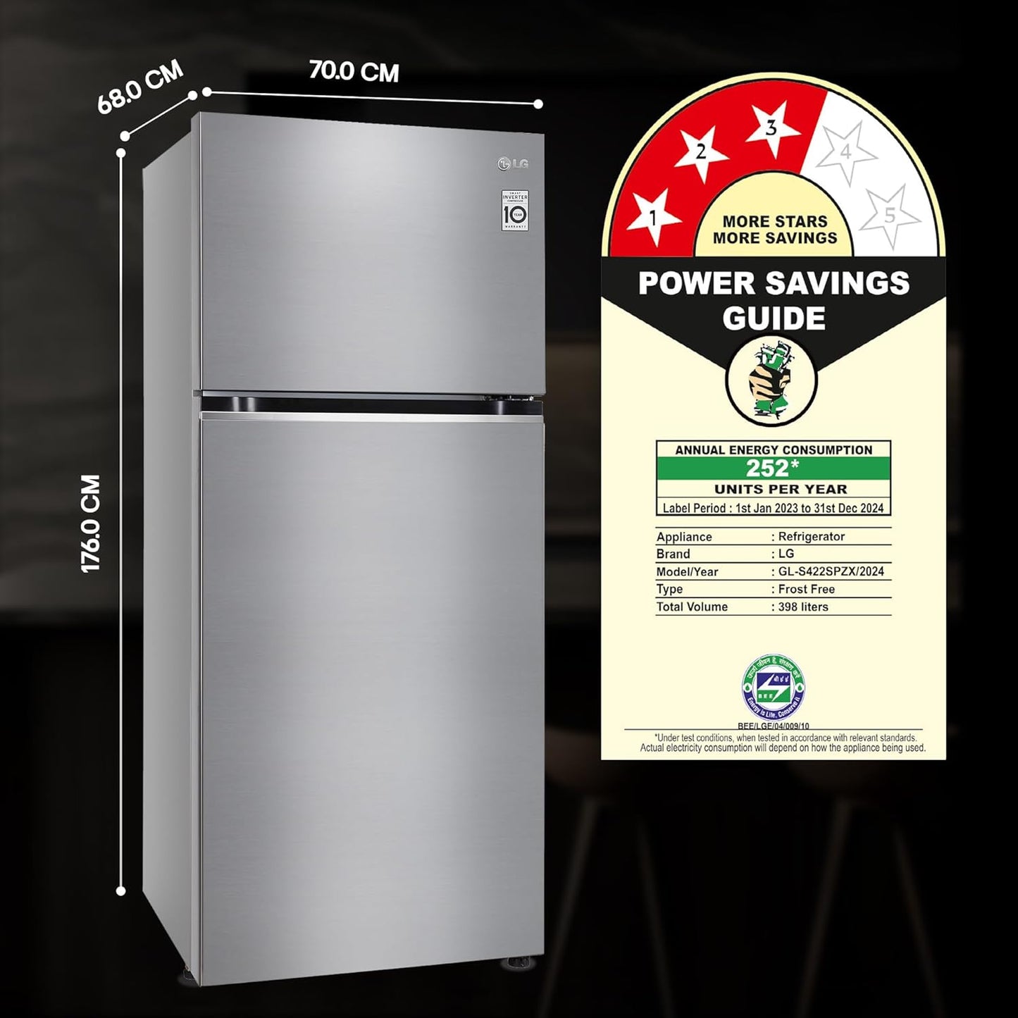 LG GL-S422SPZX 398L 3 Star Frost-Free Double Door Refrigerator (Convertible, Smart Inverter, Express Freeze, Shiny Steel)