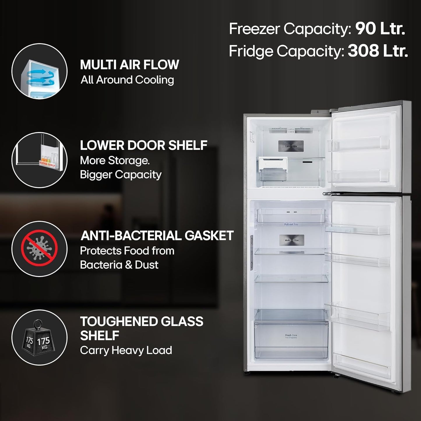 LG GL-S422SPZX 398L 3 Star Frost-Free Double Door Refrigerator (Convertible, Smart Inverter, Express Freeze, Shiny Steel)
