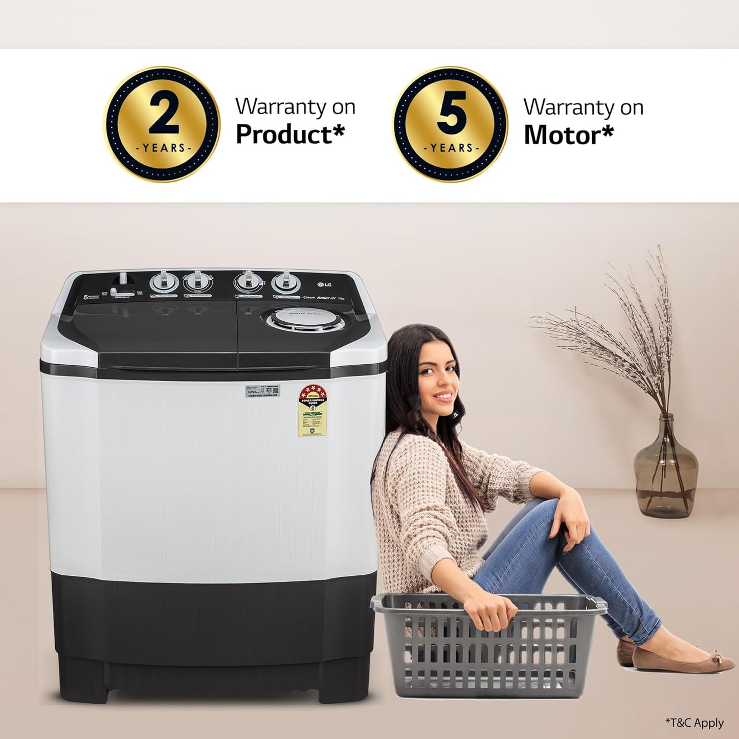 LG P7510RGAZ 7.5 kg 5 Star Semi-Automatic Washing Machine | Wind Jet Dry | Roller Jet Pulsator | Suraj Electronics Delhi NCR