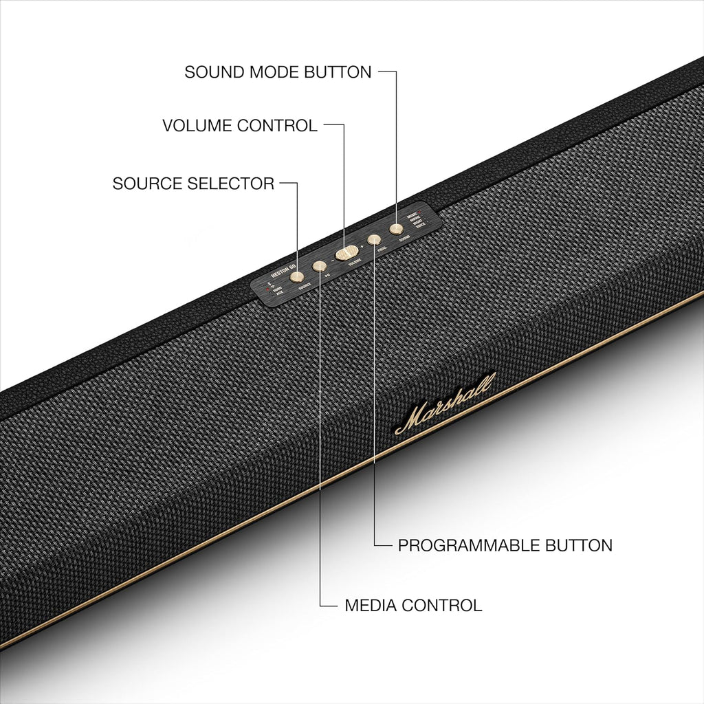 Marshall Heston 60 soundbar with Dolby Atmos & DTS:X, Wired & Wireless Subwoofer Connectivity – Dual HDMI, RCA, Bluetooth, WiFi, Google Cast, Spotify, Airplay2