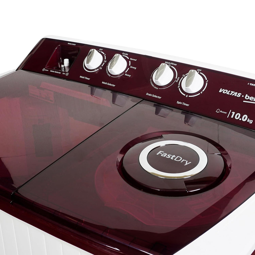 Voltas Beko WTT10/UCABRSSWH4PTD 10 Kg Semi Automatic Top Load Washing Machine, 5 Star (Burgundy) | Fast Dry™, Double Waterfall, Special Pulsator Wash, Cassette Filter