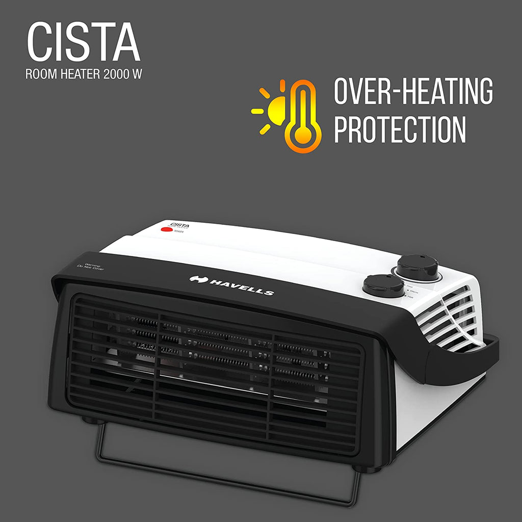 Havells Cista Room Heater 2000W (GHRFHAYW200) | Dual Heat Settings | Adjustable Thermostat | Cool Touch Body | Overheat Protection | Portable Design | White