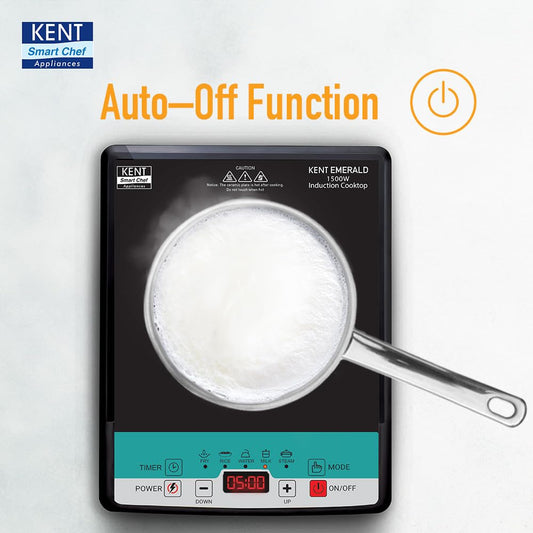 KENT Emerald Induction Cooktop 1500W|Faster Cooking With 5 Preset Options|Full Microcrystalline Glass|Adjustable Temperature Function|Overheat Protection|Safe Cooking And Easy Cleaning,Black