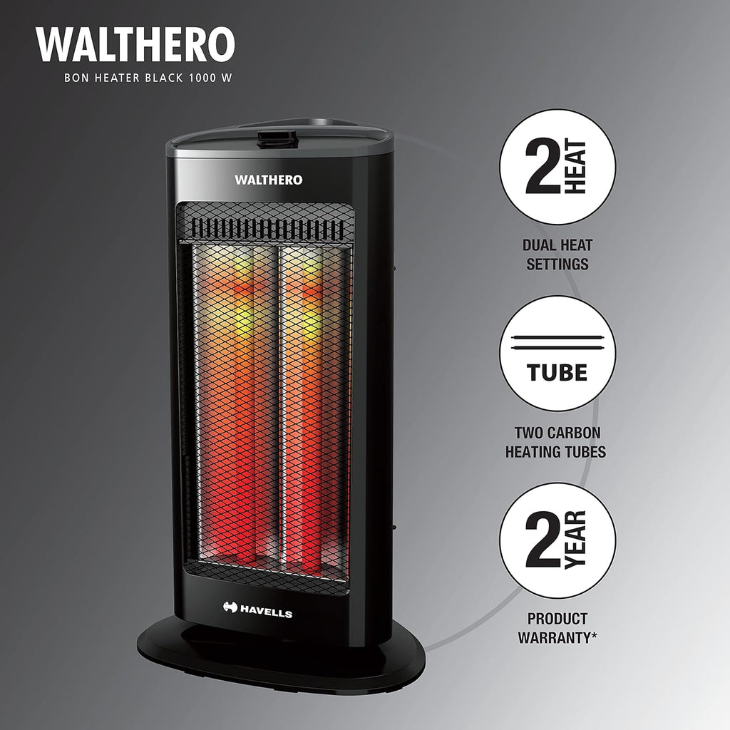 Havells Walthero Carbon Black 1000W Tower Room Heater | Dual Heat Settings | Tip-Over Safety | Oscillation | Rust-Free Reflector | Made in India