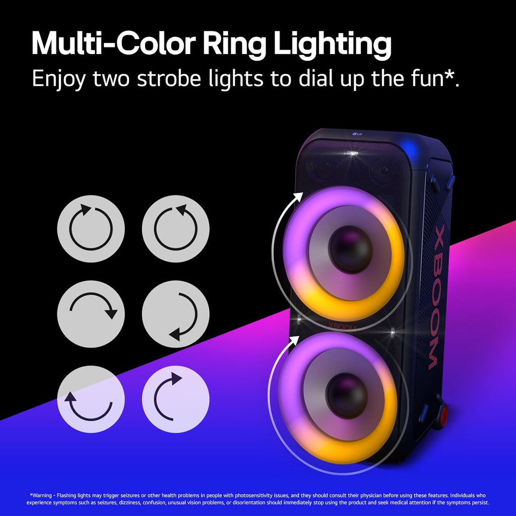 LG XL9T XBOOM 2.0 Ch Portable Bluetooth Party Speaker with Dual 8” Woofers, Pixel LED Lights, DJ & Guitar Input, IPX4 Water Resistance – Black