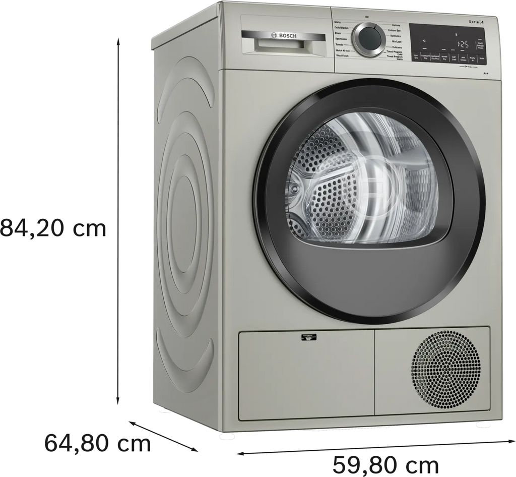 Bosch WQG24108IN Series 4 9 Kg Heat Pump Tumble Dryer (Silver Inox) with A++ Energy Rating, AutoDry Sensor, Anti-Vibration Design & Fabric Care Programs