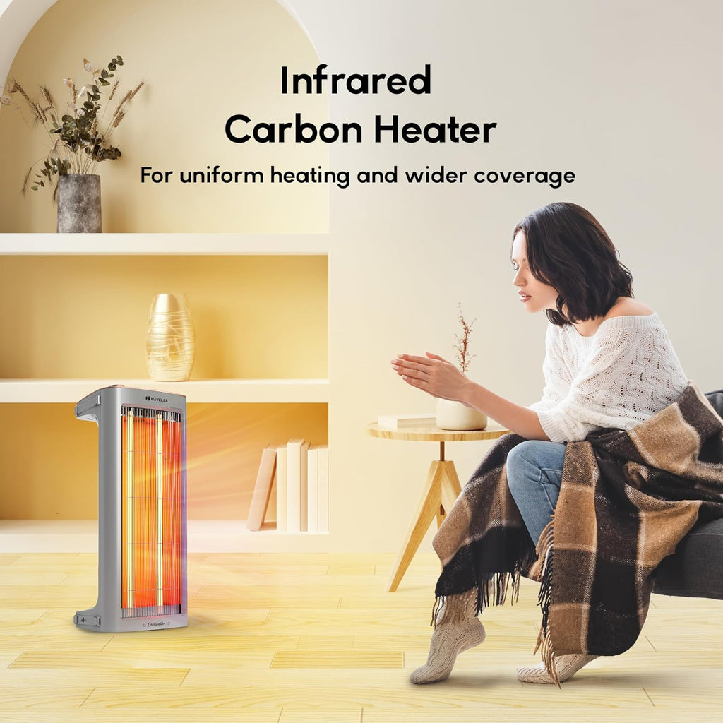 Havells Comodito 900 Watt Room Heater | Safety Grill, 120 Minute Sleep Timer Control knob | Rust Free Stainless Steal Reflector, Carbon Fiber Rods, Power Off & Heat Setting | (Pack of 1, Grey) GHRGHCHE090