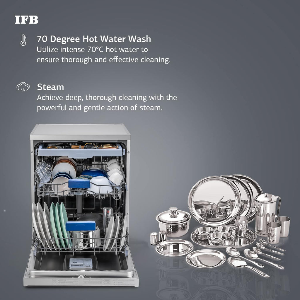 IFB Neptune VX15 15 Place Settings Dishwasher | DeepClean® Technology | 70°C Hot Wash & Steam Dry | Freestanding | Perfect for Indian Utensils – Dark Silver