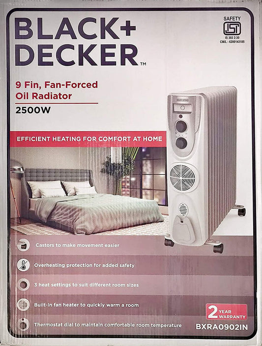 Black & Decker BXRA0902IN 9-Fin 2500W Oil Filled Radiator Room Heater with Fan, Thermostat, Overheat Protection & 3 Heat Settings | Portable Heater for Home | 2-Year Warranty