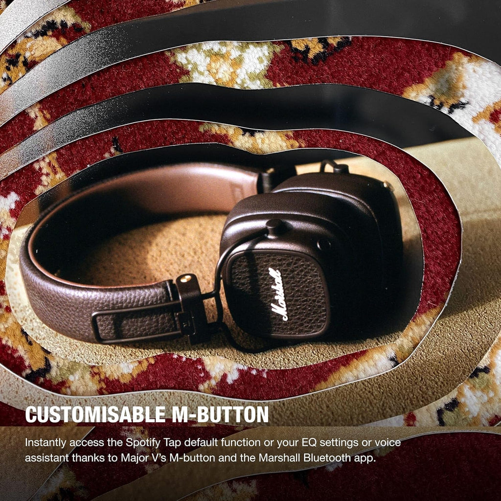 Marshall Major V Wireless On-Ear Headphones (Brown) – 100+ Hours Playtime, Bluetooth, Wireless Charging, Foldable Design, M-Button Control