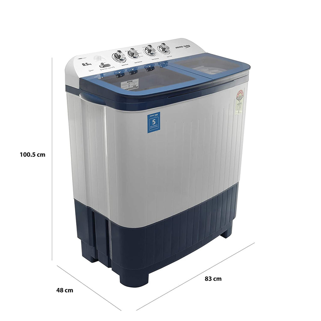 Voltas Beko WTT85DBLG 8.5 Kg Semi Automatic Washing Machine (5 Star, Double Waterfall, Soft Close Glass Lid, IPX4 Panel, Sky Blue)