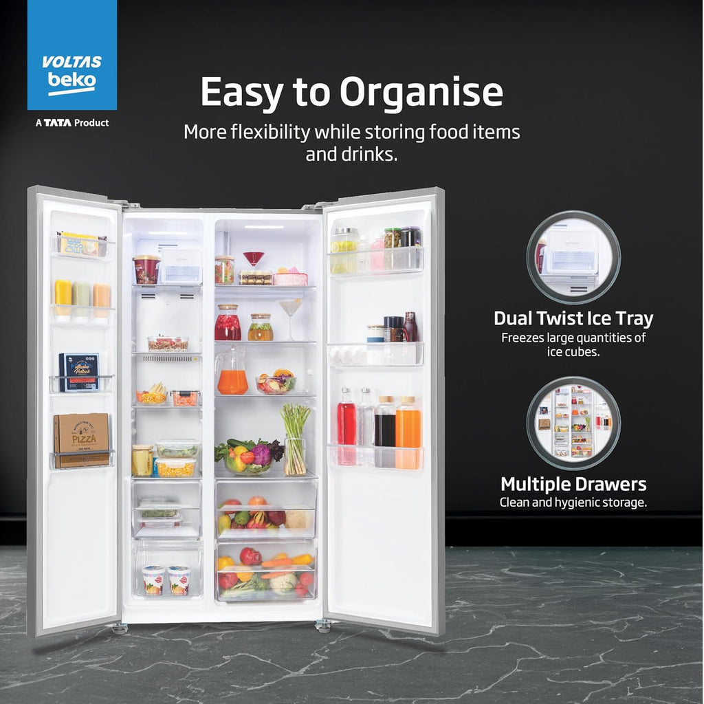 Voltas Beko RSB495/FPV300RXID 472 L Inverter Frost Free Side-by-Side Refrigerator (Inox Steel) with ProSmart Compressor, Multi Airflow & Electronic Temperature Control