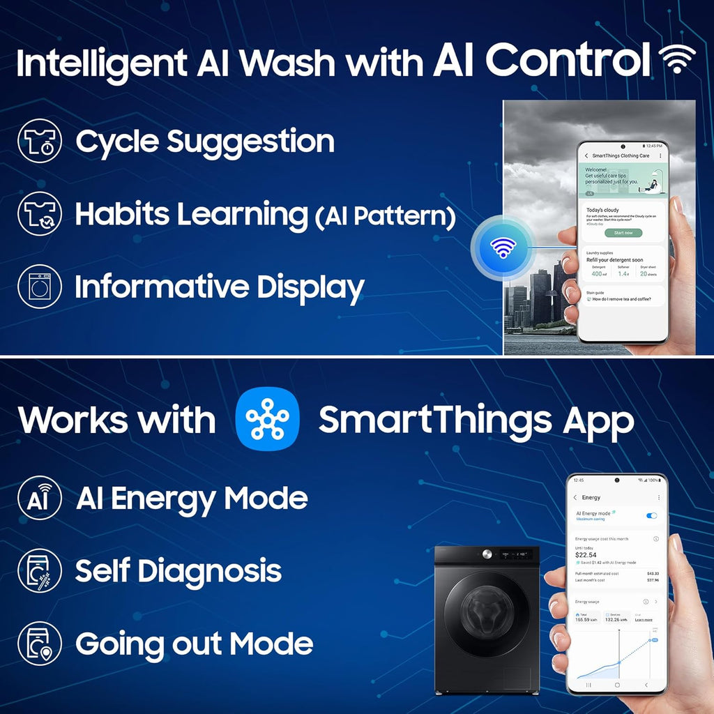 Samsung WD12FB7B34GBTL 12kg/7kg 5 Star AI EcoBubble Wi-Fi Inverter Fully Automatic Front Load Washer Dryer – Black | AI Control, Hygiene Steam, Air Wash