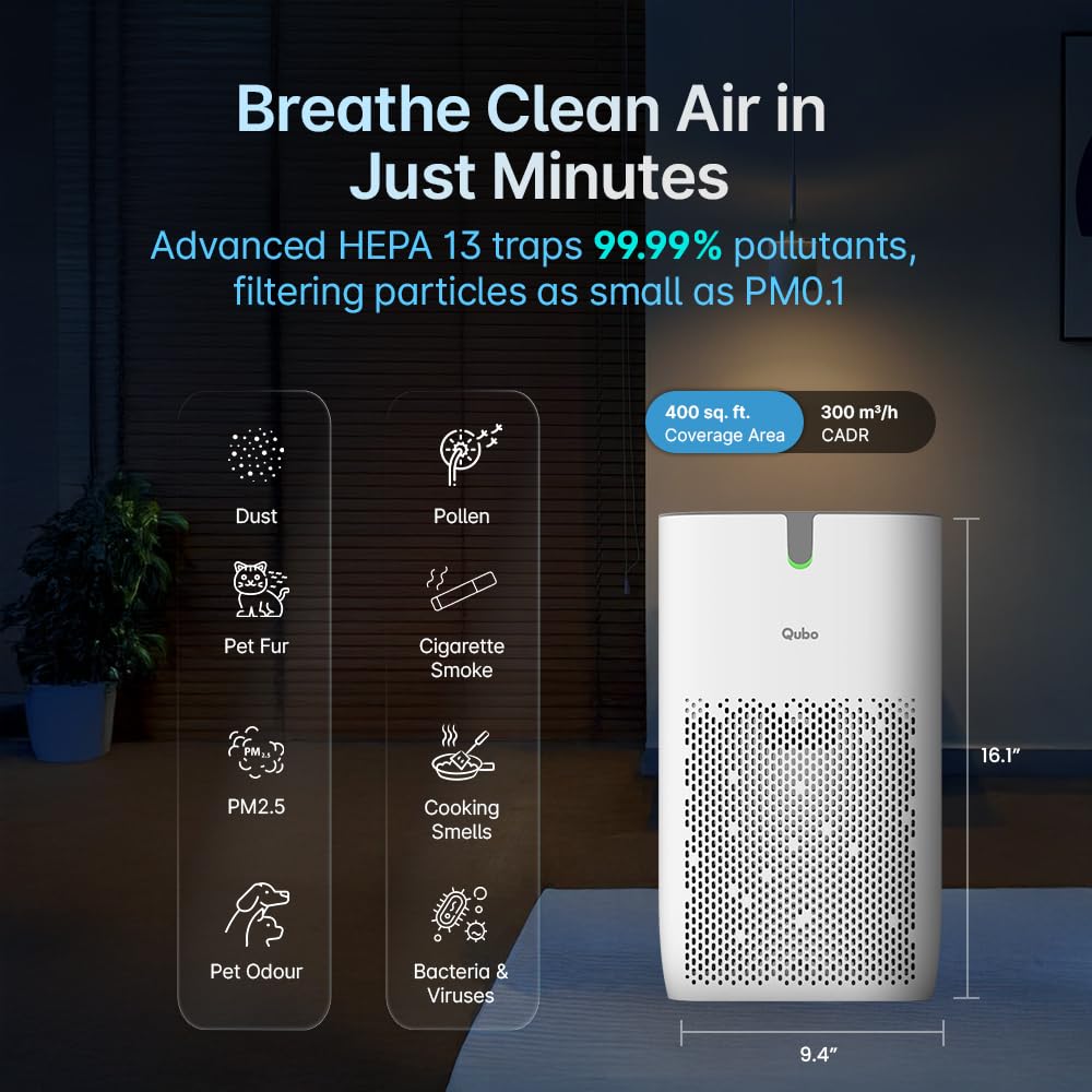 Qubo Smart Air Purifier Q400 | 400 Sq.ft | HEPA H13 | App & Voice Control | 4-Layer Filtration | 9000 Hrs Filter Life | Suraj Electronics Delhi NCR