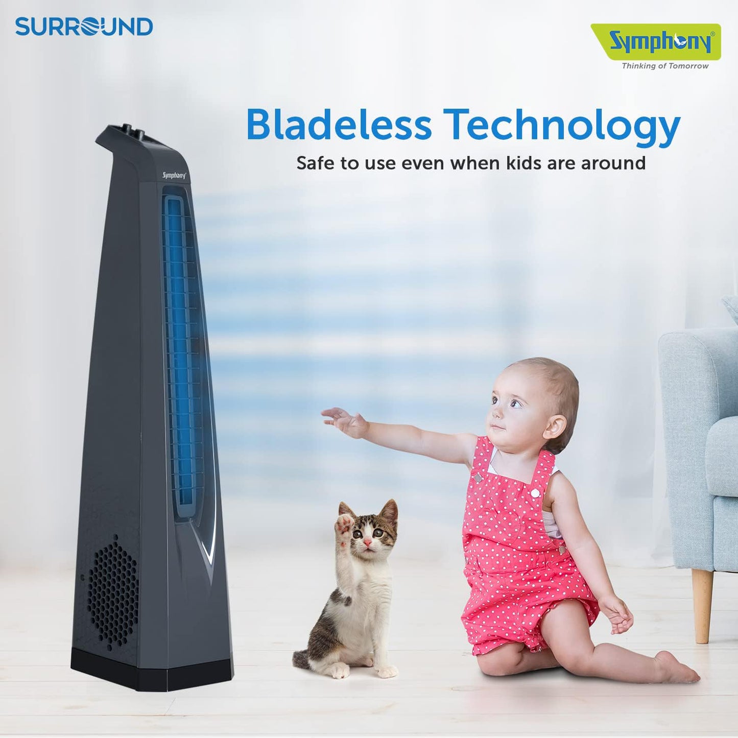 Symphony Surround Bladeless Tower Fan for Room & Office | High-Speed with Swivel Action & Simple Knob Control | Low Power Consumption | 1 Year Warranty | Grey
