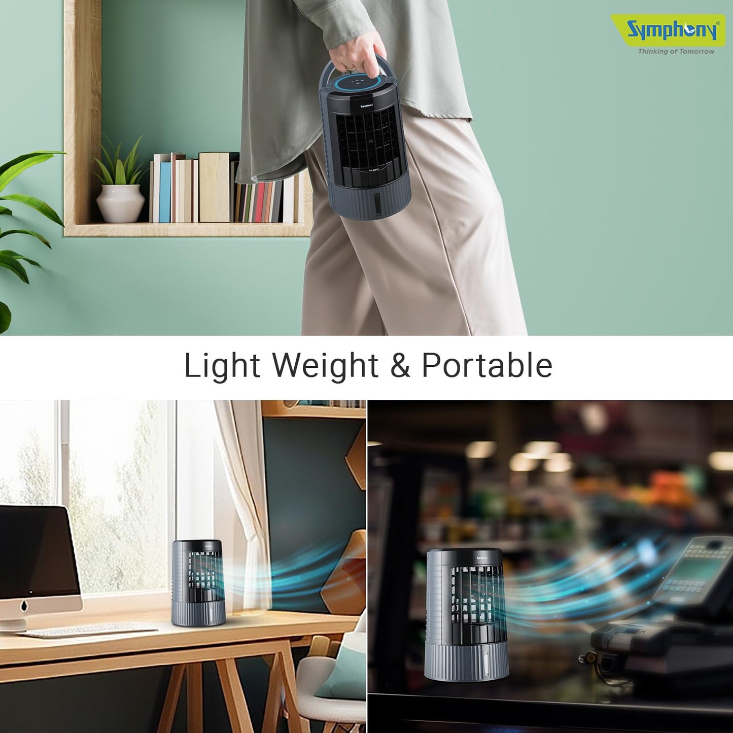 Symphony Duet Mini Portable Tabletop Air Cooler for Home and Office with Whisper Quiet Operation and Touch Control(Grey)