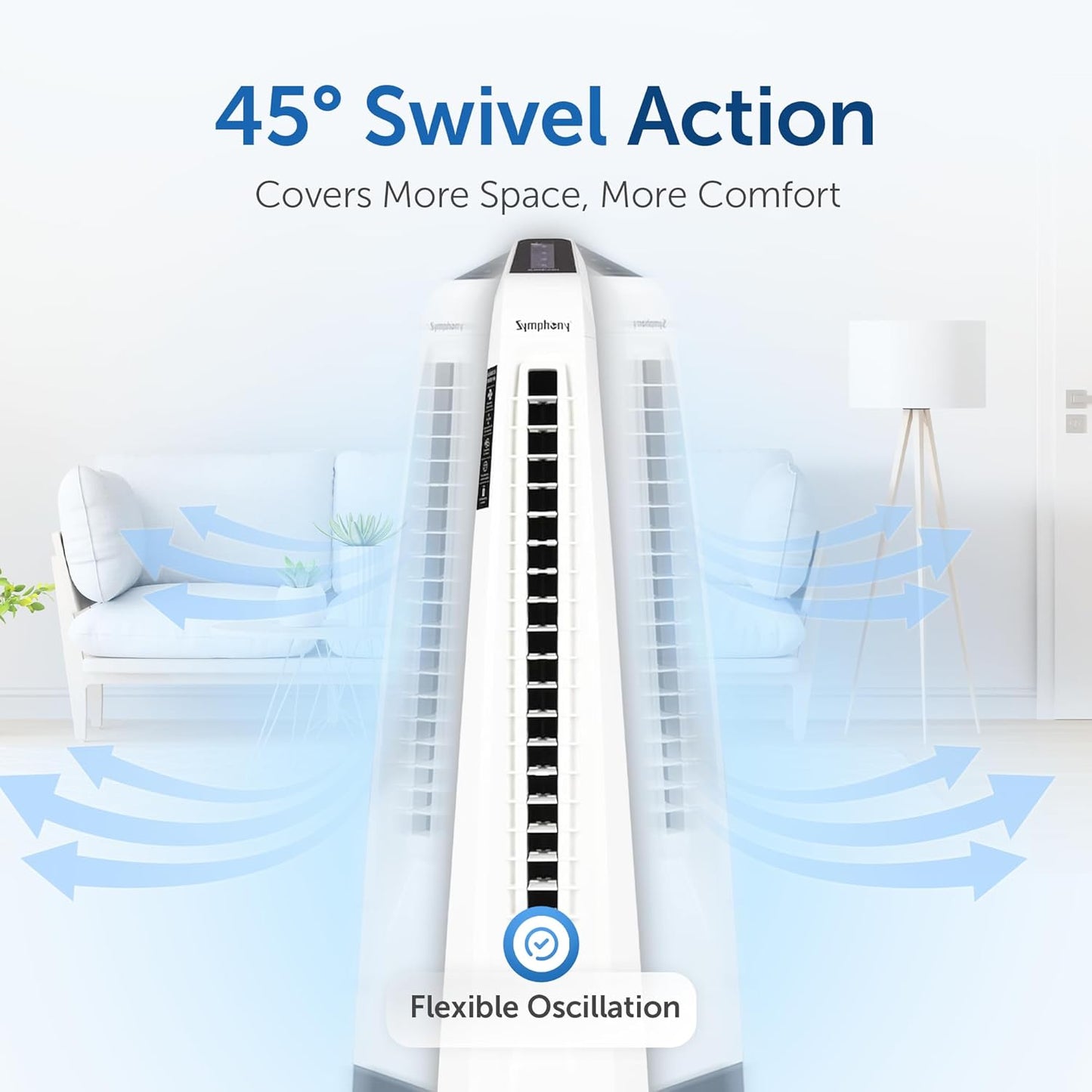 Symphony Surround-i Bladeless Tower Fan for Room | High-Speed with Swivel Action, Touchscreen Control Panel & Remote | 1 Year Warranty | White