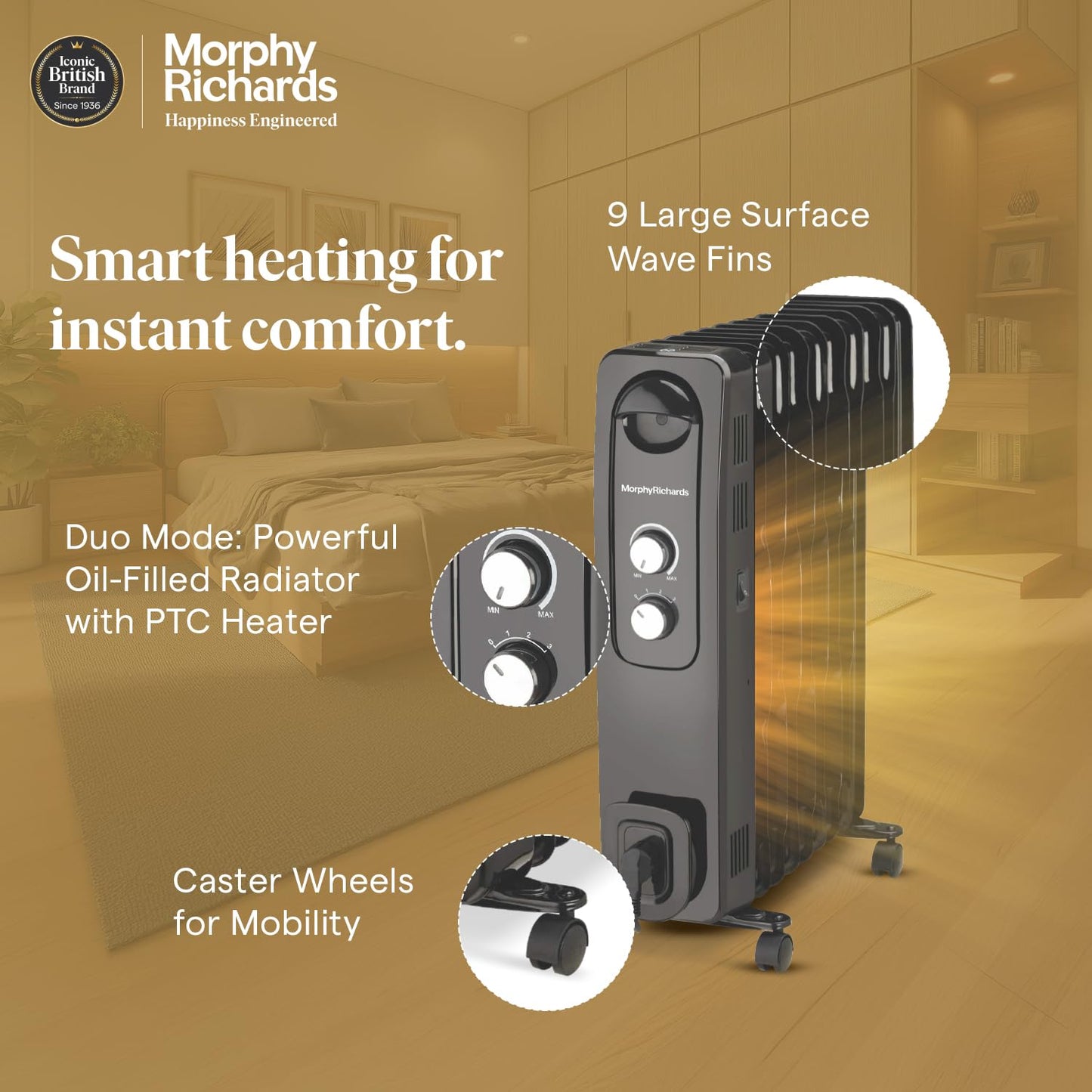 Morphy Richards OFR 9F Wave Fin 2400W Oil Filled Room Heater with 400W PTC Fan | ISI Certified | Suraj Electronics Delhi NCRu
