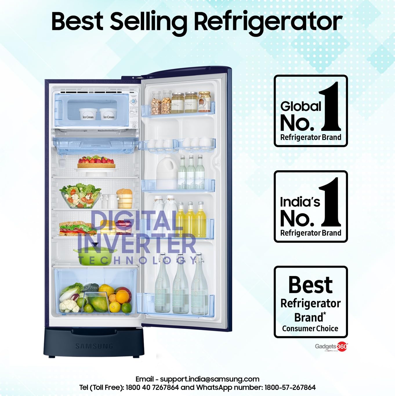 Samsung RR24C2823CU/NL 223L 3 Star Inverter Direct-Cool Single Door Refrigerator Appliance (amellia Blue) Base Stand Drawer