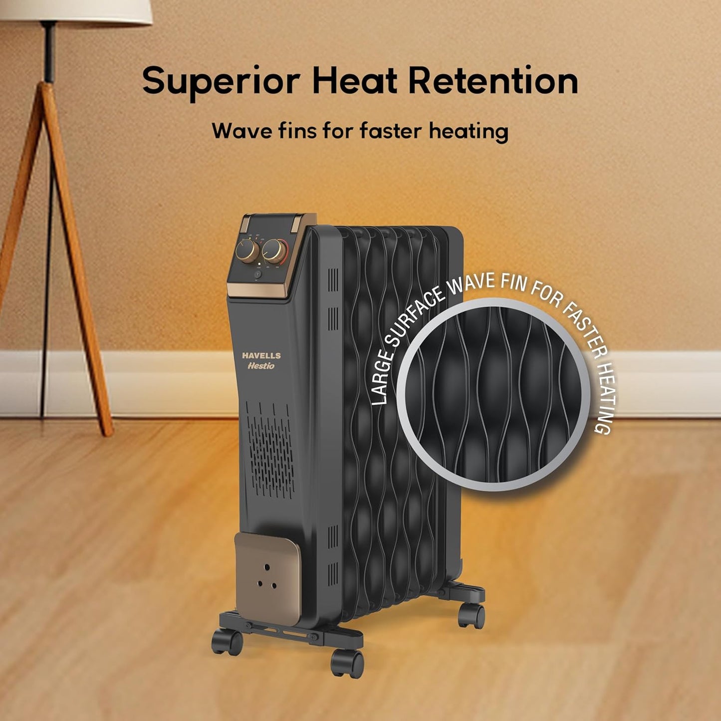 Havells GHROFCJK240 9 Fin Hestio Wave Fin OFR (Oil Filled Radiator)|Room Heater|2400 W|3 Heat Settings & PTC Fan Heater|Inclined Control Panel|Retractable Wheels| Comfortable Breathing|360° Heating (Black)