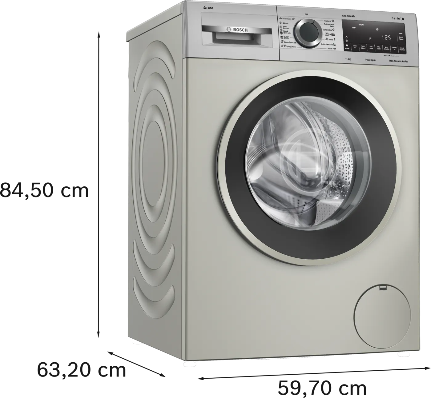 Bosch WGA264AXIN Series 8 11 kg Front Load Washing Machine | i-DOS Smart Dosing | AntiStain | SpeedPerfect | Silver Inox | Suraj Electronics Delhi NCR
