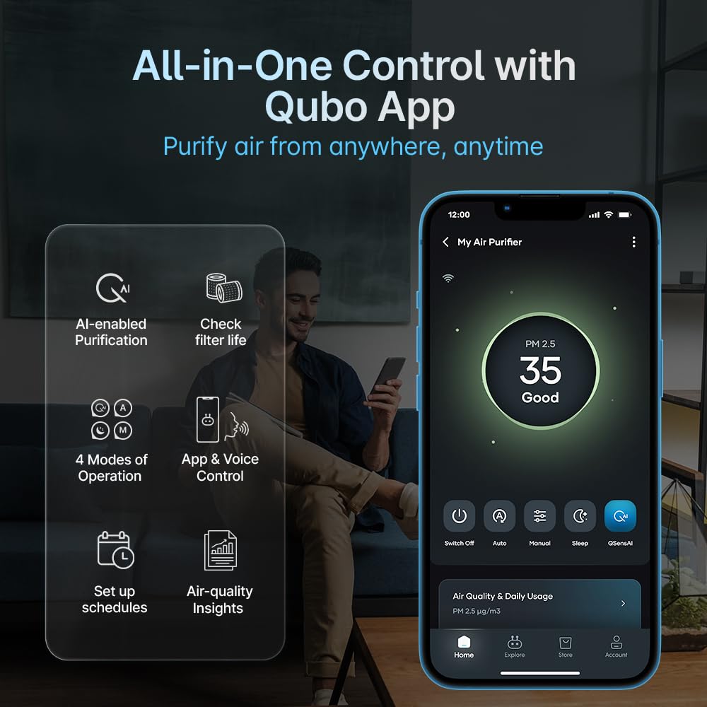 Qubo Smart Air Purifier Q200 | 4-Layer Filtration | HEPA H13 | QSensAI Smart Mode | App &amp; Voice Control | 200 Sq. Ft. Coverage | Suraj Electronics