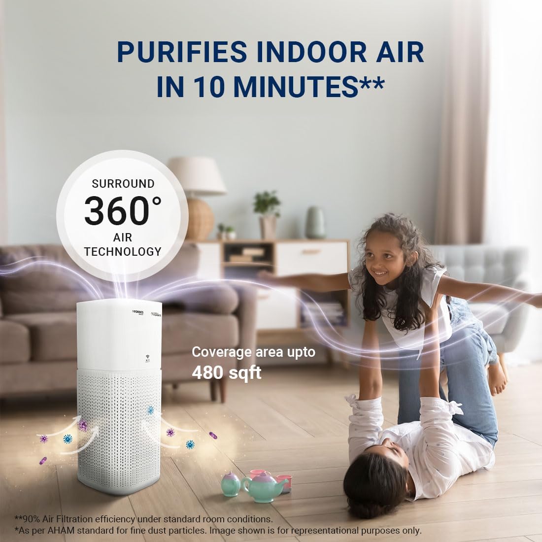 Eureka Forbes Smart Air Purifier 355 Smart | Covers upto 480 Sq. Ft. | Removes 99.97% Impurities in 10-Mins | True Hepa H13 | WiFi Enabled | 4-Stage Filtration | Plasma Positive+Negative Ion | Surround 360°