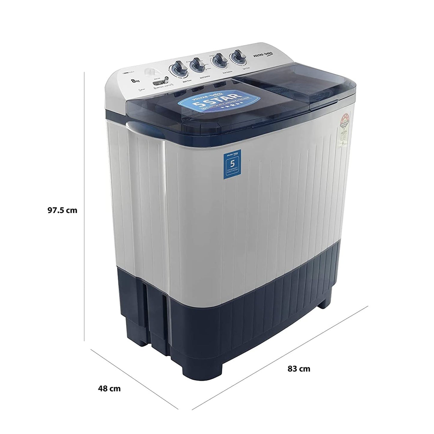 Voltas Beko WTT80DBLT 8 Kg Semi-Automatic Top Load Washing Machine | Double Waterfall | Soft Close Lid | Dual Cassette Filter | 1300 RPM Fast Dry | Sky Blue | Suraj Electronics