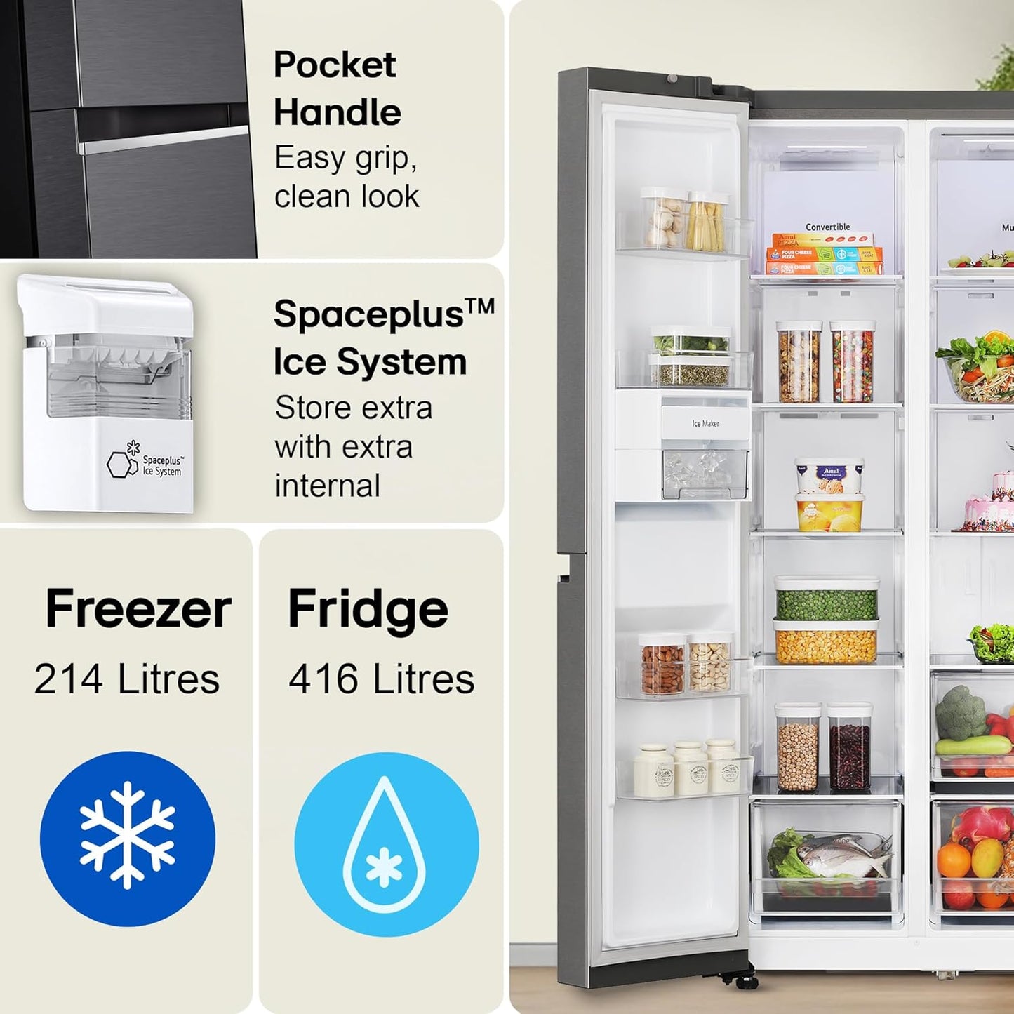 LG GL-L257CMC3 630L 3 Star Side-by-Side Refrigerator – Wi-Fi Convertible, Door Cooling+, Hygiene Fresh+, Smart Inverter, Water & Ice Dispenser | Matt Black
