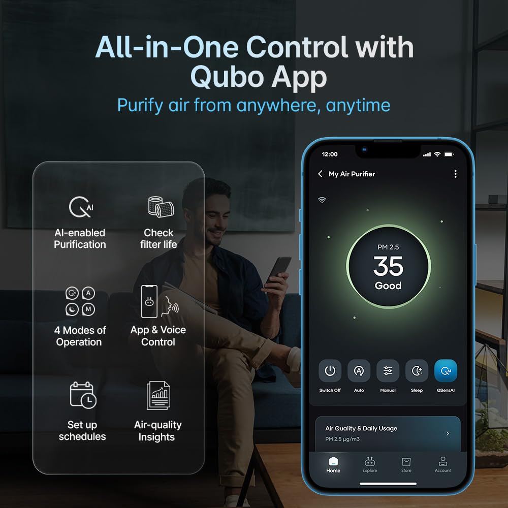 Qubo Smart Air Purifier Q500 | 4-Layer Filtration | HEPA H13 | QSensAI Smart Mode | App &amp; Voice Control | 500 Sq. Ft. Coverage | Suraj Electronics